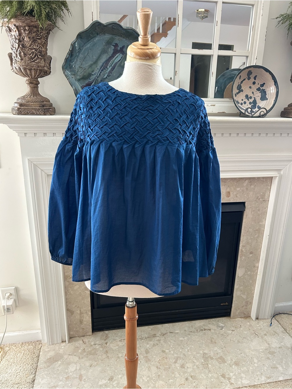 Merlette Woven Yoke Blue Peasant Blouse